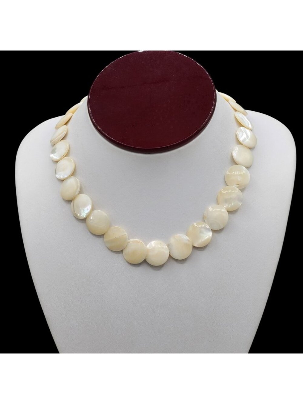 Mother of Pearl Choker Coin Necklace Statement Flush Natural Sheen Barrel Close